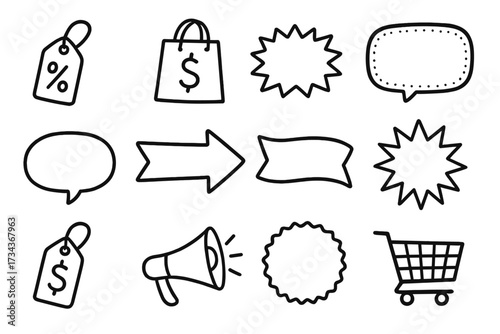 Set of hand drawn doodle sale elements for promotion. Black Friday shopping icon collection. Price tags, speech bubbles, banners, cart for commercial retail and ecommerce design.