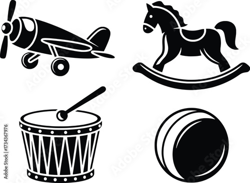 Vintage toy collection silhouette set airplane rocking horse drum and ball icons