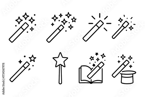 Magic wand thin line icon set. Wizard stick, magician tool for fantasy spell or trick. Fairy tale miracle concept with sparkles. Editable stroke vector pictogram collection.