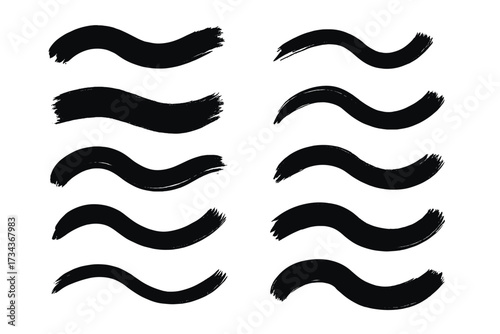 Black paint wavy brush strokes collection. Urban graffiti style. Dirty curved lines and brushstrokes. Ink vector elements isolated on white background. Modern grunge texture set.