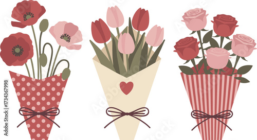 Three stylized flower bouquets with charming paper wrappers for greeting cards