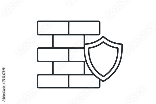 Firewall icon with brick wall and shield symbol. Vector line art for cybersecurity and data protection. Concept of safety, security, defense, privacy, and system barrier.