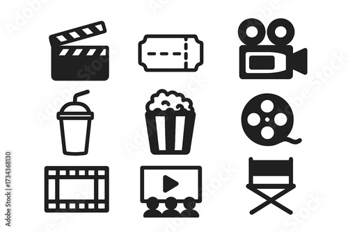 Cinema movie icon set. Film entertainment elements. Vector flat glyph symbol collection. Movie making production icons. Popcorn, clapperboard, ticket, camera, film reel.