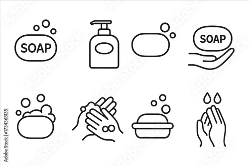 Hand washing line icon set. Personal hygiene and cleanliness concept. Soap bar, liquid dispenser, foam, bubbles. Handwash instruction icons. Health and sanitation vector signs.