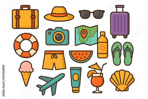Summer vacation travel essentials icon set. Colorful flat vector illustration collection of holiday items. Beach accessories, suitcase, camera, map, airplane, cocktail.