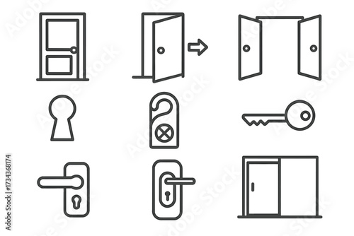 Door line icon set. Open, closed, and sliding doors. Entrance and exit symbols. Key, lock, keyhole, and handle icons. Do not disturb hanger sign for hotel. Security concept.