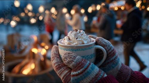 Cozy Winter Scene with Hot Chocolate and Whipped Cream Held by Gloved Hands Near Fire Pit, Lights in Background. Video Made Using Generative AI.