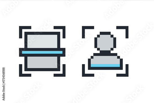 Face recognition and document scan pixel art icon set. Biometric identification, user verification, security system concept. 8-bit retro style vector graphics illustration.