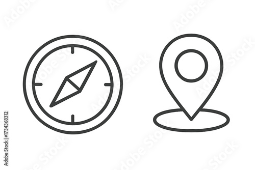 Compass and location pin line icons. Vector symbol set for navigation, direction, gps, and travel. Map destination marker, pointer sign for tourism, exploration and guidance.