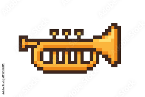Trumpet pixel art icon. 8 bit musical instrument sprite for retro video game. Golden horn, bugle graphic asset for jazz or orchestra music. Classic fanfare sound symbol. Vintage