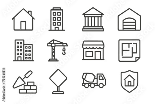 Real estate and construction line icon set. Building industry and architecture symbols. Property development pictograms. Vector house, crane, blueprint, bank, store icons.