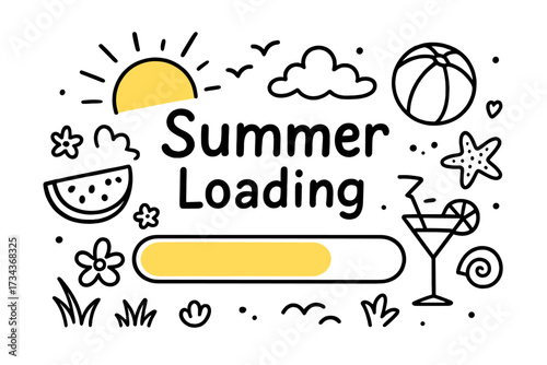 Summer loading concept with progress bar. Doodle style illustration of waiting for vacation. Metaphor for upcoming holidays. Vector background with hand drawn beach elements.
