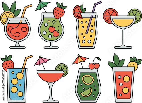 Vibrant assortment of refreshing tropical cocktails and drinks