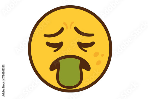 Vector icon of a disgusted emoticon. Sick smiley feeling nausea and wanting to vomit. Gross yellow face with green tongue out. Unwell, puke, yuck expression illustration.