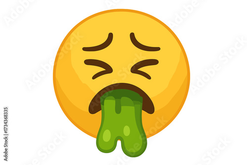Vomiting face emoji vector. Disgusted emoticon pukes. Sick smiley icon. Nausea, food poisoning concept. Gross, yucky feeling. Ill, unwell expression. Barf, puke symbol.