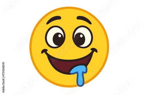 Hungry emoticon drooling. Yummy emoji salivating for delicious food. Vector icon of a smiley face with appetite. Character expression of craving and taste. Yellow cartoon.