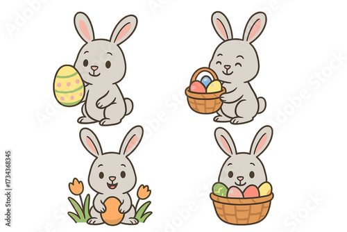 Cute Easter bunny collection. Cartoon rabbit character set for holiday decoration. Vector illustration of a happy gray hare with painted eggs, a basket, and spring flowers.