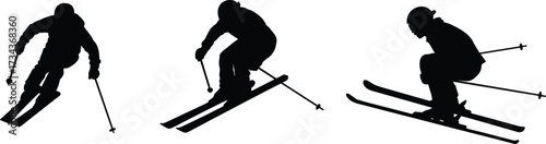 Silhouettes of skiers, vector illustration of people skiing, jumping, and performing winter sports activities in alpine mountain snow action poses