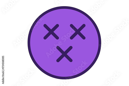 Vector illustration of a purple emoticon with X-shaped eyes and mouth. Dizzy, dead or hurt smiley face icon. Concept for mistake, error, pain, speechless or unconscious.