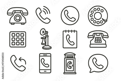 Phone icon set vector illustration. Collection of communication symbols. Old retro rotary telephone, vintage candlestick, modern smartphone, phone booth and call signs.