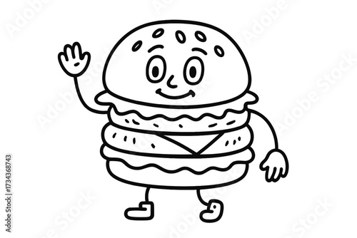 Burger character mascot. Retro cartoon doodle. Hand drawn cheeseburger fast food concept. Linear vector illustration for menu or logo. Isolated design for tee print. Funny food.