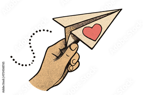 Hand launches paper airplane with heart. Love letter message concept. Online social media notification. Romance, communication, mail symbol. Retro halftone vector illustration.