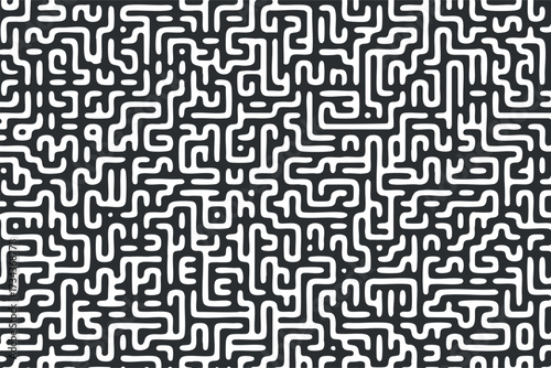 Intricate abstract pattern featuring interconnected lines and curves in a modern black and white design..