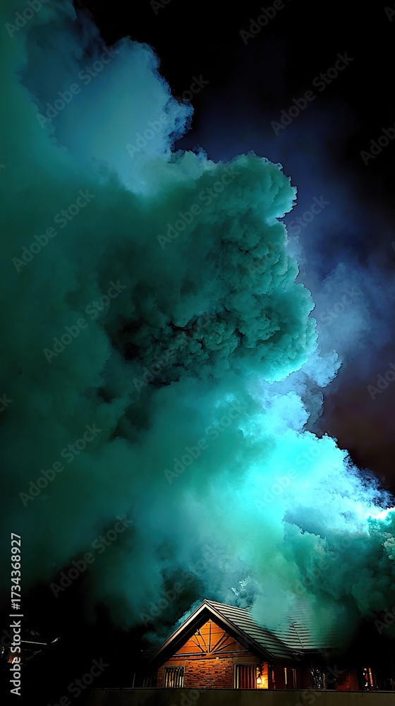 Fototapeta premium Teal smoke enveloping house at night