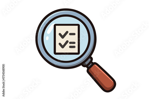 Magnifying glass icon with checklist. Symbol for audit, inspection, review, and quality control. Concept of business evaluation, compliance, data verification, and research.
