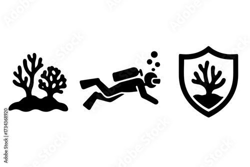 Marine conservation icon set with coral reef, scuba diver, and protection shield. Ocean ecosystem safety and environmental care symbols. Underwater sea life and diving silhouette.
