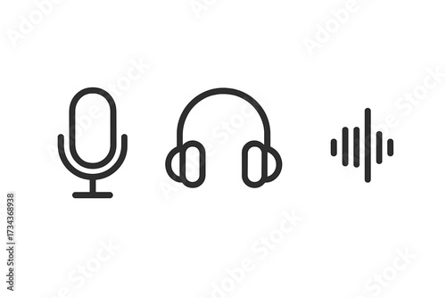 Minimalist audio icon set with microphone, headphones, and sound wave symbols. Vector line art for podcast, music recording, broadcast, and communication app interface design.