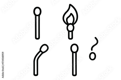 Matchstick line icon set vector. Simple outline illustration of burning, bent, and new matches. Metaphor for startup, idea, stress, burnout, potential, and problem solving.