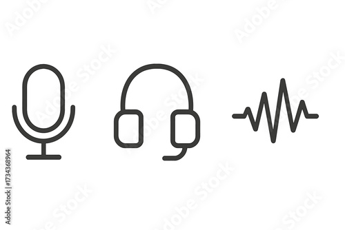 Audio icon set. Minimalist line art with microphone, headphones, sound wave. Vector symbols for podcast, music, radio, communication, recording, listening, voice, and audio signal.