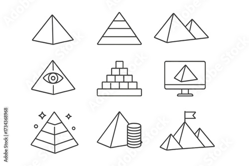 Pyramid line icon set for hierarchy, success and finance. Vector collection includes Egypt pyramids, Eye of Providence, financial scheme, and data structure symbols. Editable stroke.