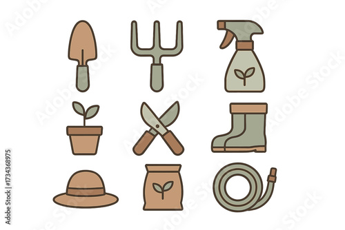 Collection of minimalist garden tools icons. Vector cartoon illustration of horticulture equipment and accessories. Set for planting, farming and gardening. Trowel, fork, hose.
