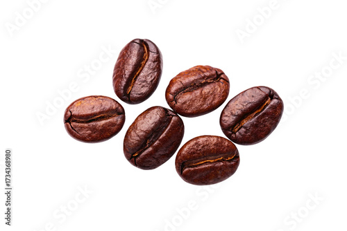Six whole roasted coffee beans arranged in circular pattern, showing characteristic center crack lines clearly, isolated on a transparent background