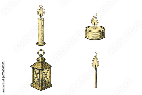 Collection of vintage hand drawn burning candles, classic lantern, and lit matchstick providing warm light