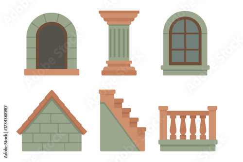 Diverse architectural elements set with windows, doors, columns, stairs, and roof sections for building design projects