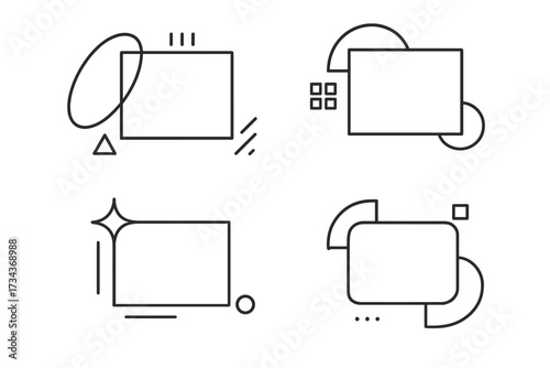 Modern minimalist text boxes and abstract geometric frames for quotes. A set of vector line art with simple shapes. Banners, labels, and tag placeholders for graphic design.