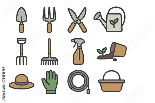 Garden tools icon set. Vector illustration of horticulture equipment. Minimalist cartoon symbols for gardening, farming and planting. Trowel, rake, watering can, gloves.