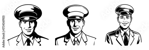 Portraits of a man in a captain or chauffeur uniform and hat. A classic, retro style illustration representing service, authority, and transport.