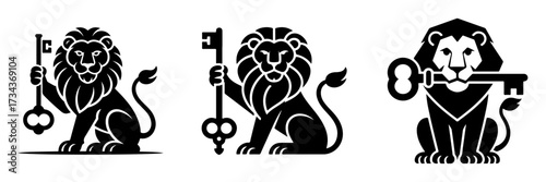 A regal lion mascot holding an antique key. Symbolizes power, authority, security, and unlocking potential. Ideal for real estate or finance.