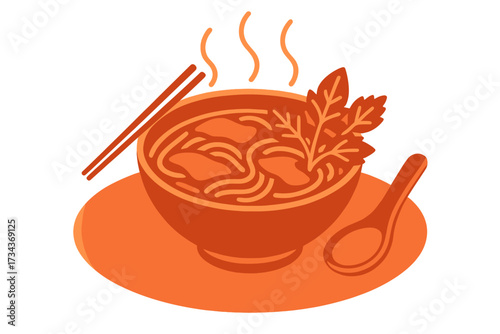 Steaming bowl of Asian noodles with chopsticks, spoon, and fresh herbs on a round plate, ready to eat