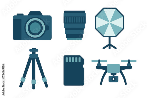 Modern photography and videography equipment set featuring camera, lens, tripod, drone, and essential accessories