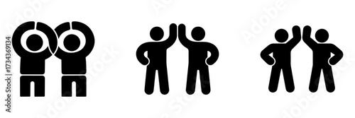 Set of simple icons showing two people celebrating, cheering, or giving a high five. Symbolizes success, teamwork, friendship, and achievement.