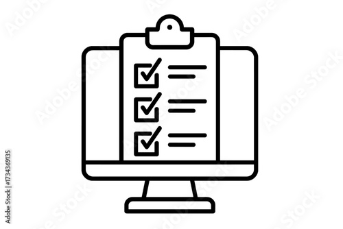 Online exam, e-learning, and distance education icon. Computer screen with a digital test, survey, or checklist. Questionnaire form and online feedback for business vector.