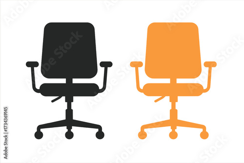 Office chair vector illustration set. Ergonomic swivel armchair for business workspace. Modern furniture flat icon collection. Black and orange graphic design element.