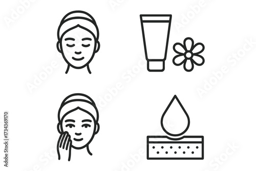 Skincare routine line icon pack. Face care, beauty treatment. Woman applies cosmetic cream. Moisturizing, hydration. Serum drop absorbs into skin. Natural organic cosmetics.