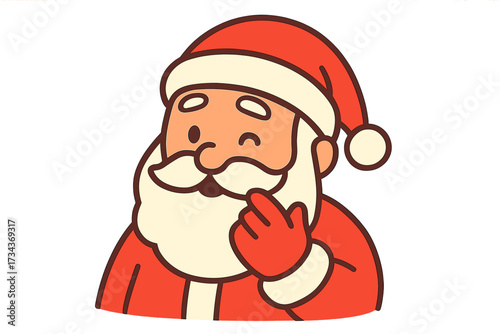 Cute cartoon Santa Claus icon winking and touching his white beard. Jolly St. Nicholas making a secret gesture. Vector illustration for Christmas. Father Christmas thinking.