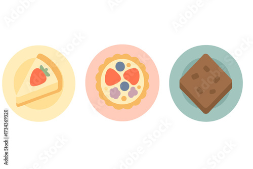 Assortment of delicious sweet desserts including strawberry cheesecake, mixed berry fruit tart, and rich chocolate brownie